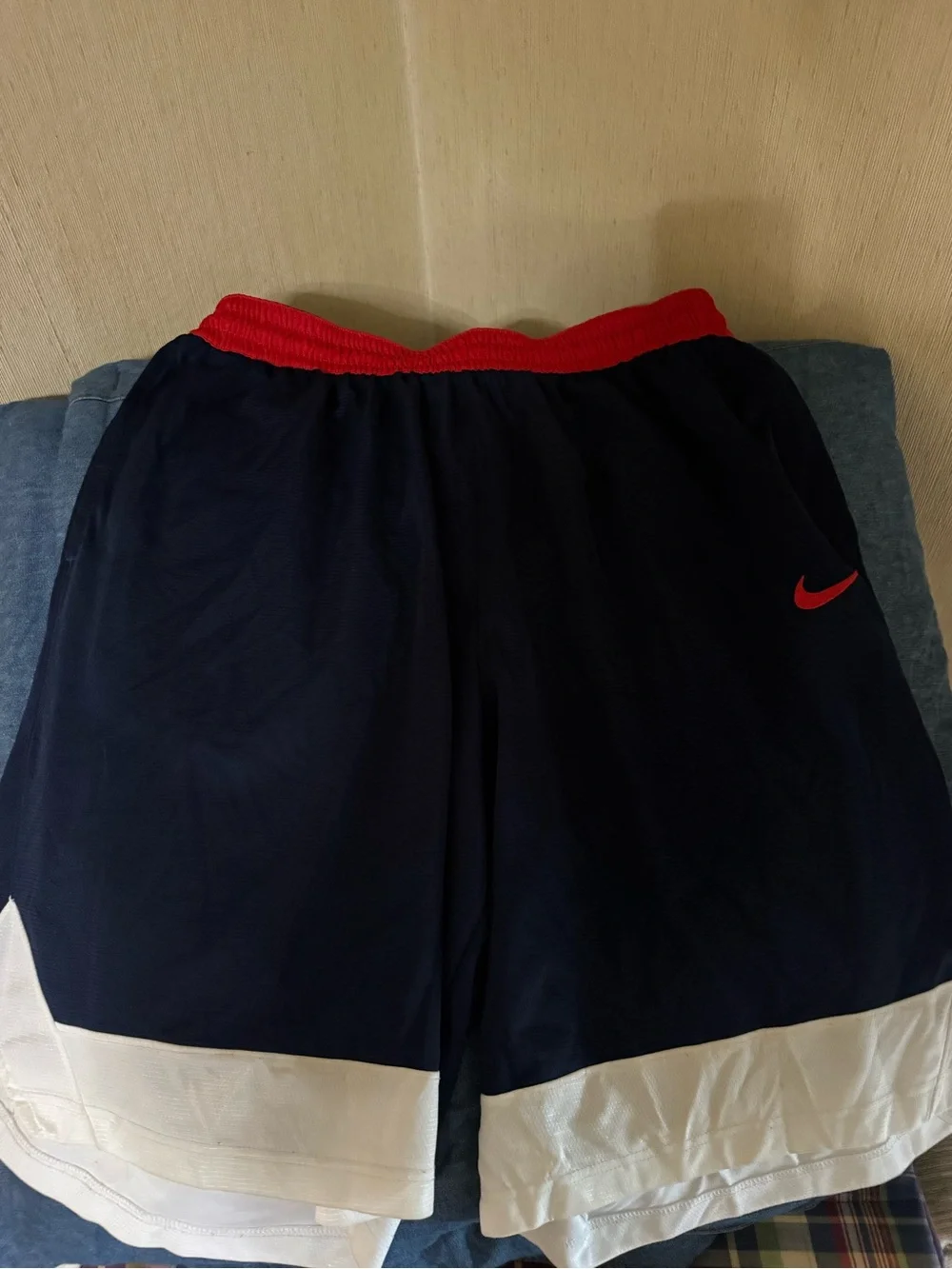 Nike Dri-Fit Navy Blue Shorts with Red Stitching and White Swoosh